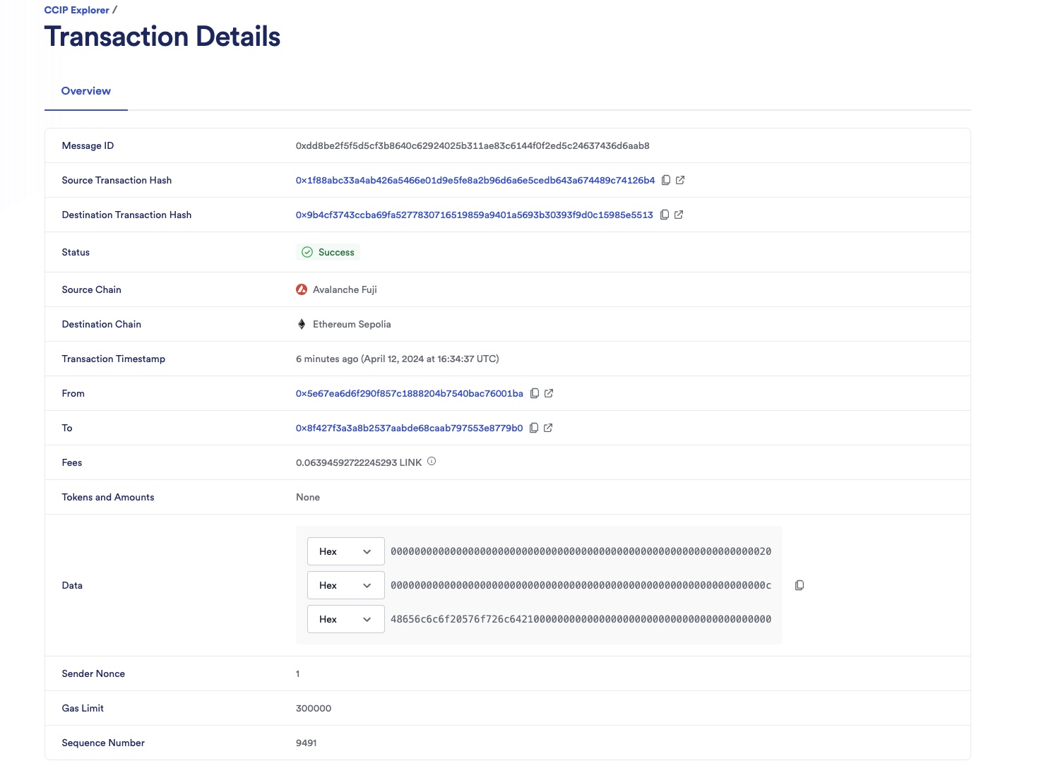 Chainlink CCIP Explorer - Fuji to Sepolia Transaction Success